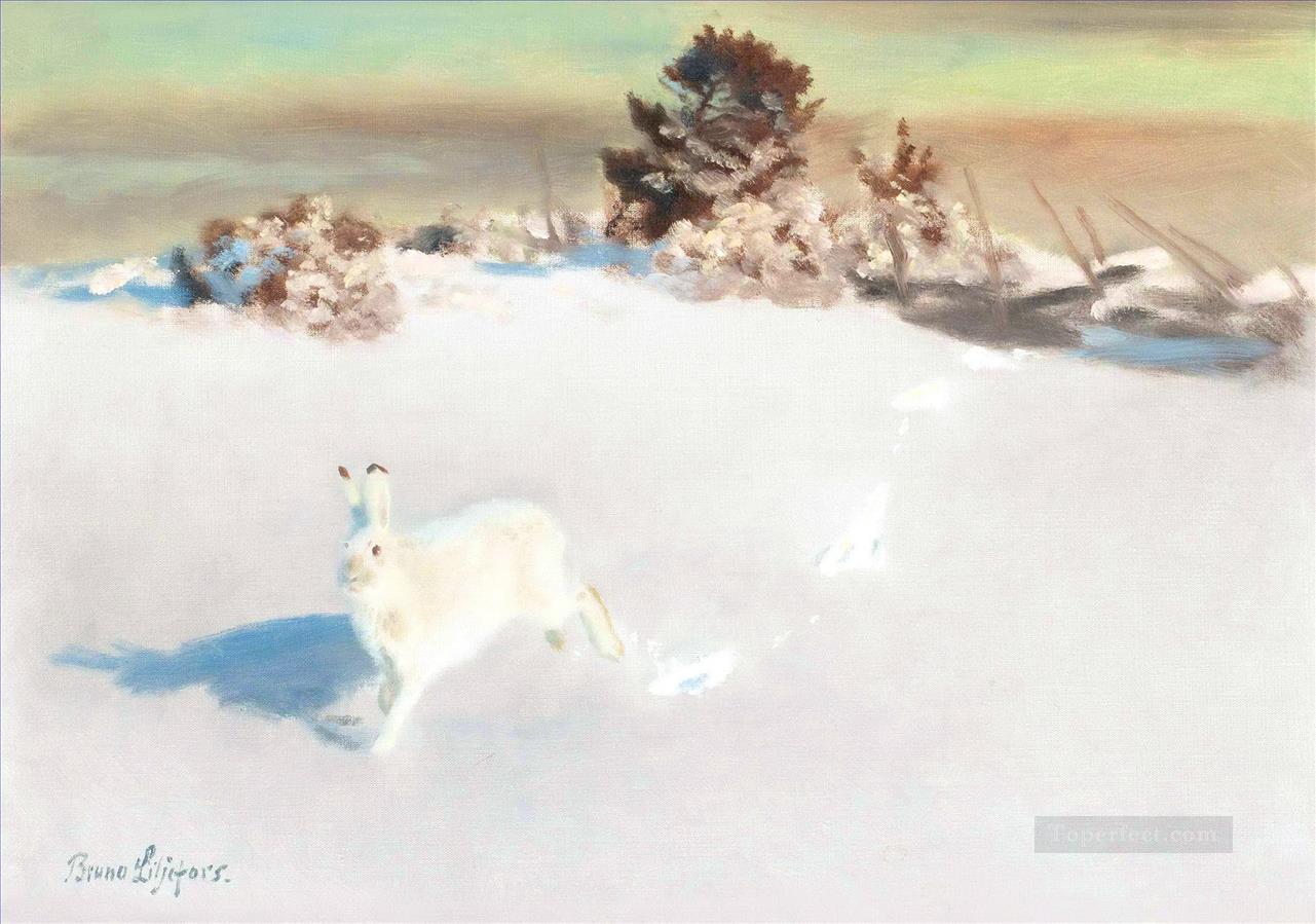 北極白ウサギの雪油絵